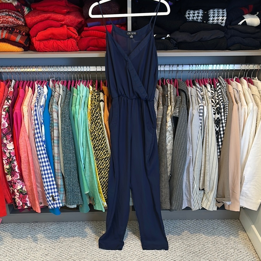 Love Couture navy v neck elastic waistband spaghetti strap 2 pocket jumpsuit S